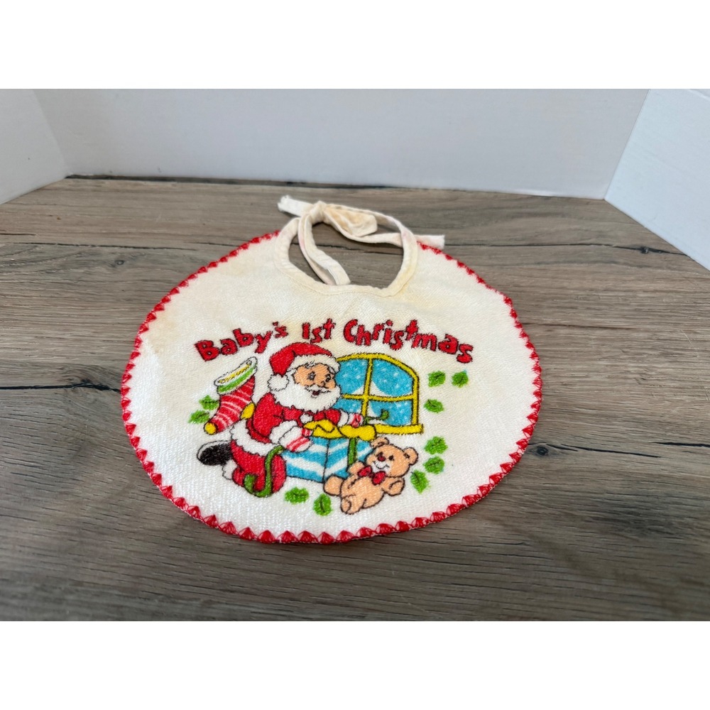 Vintage Babys 1st Christmas Bib Santa Claus Teddy Bear Red White Retro Holiday